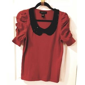 August Silk red puff sleeve top, size Large